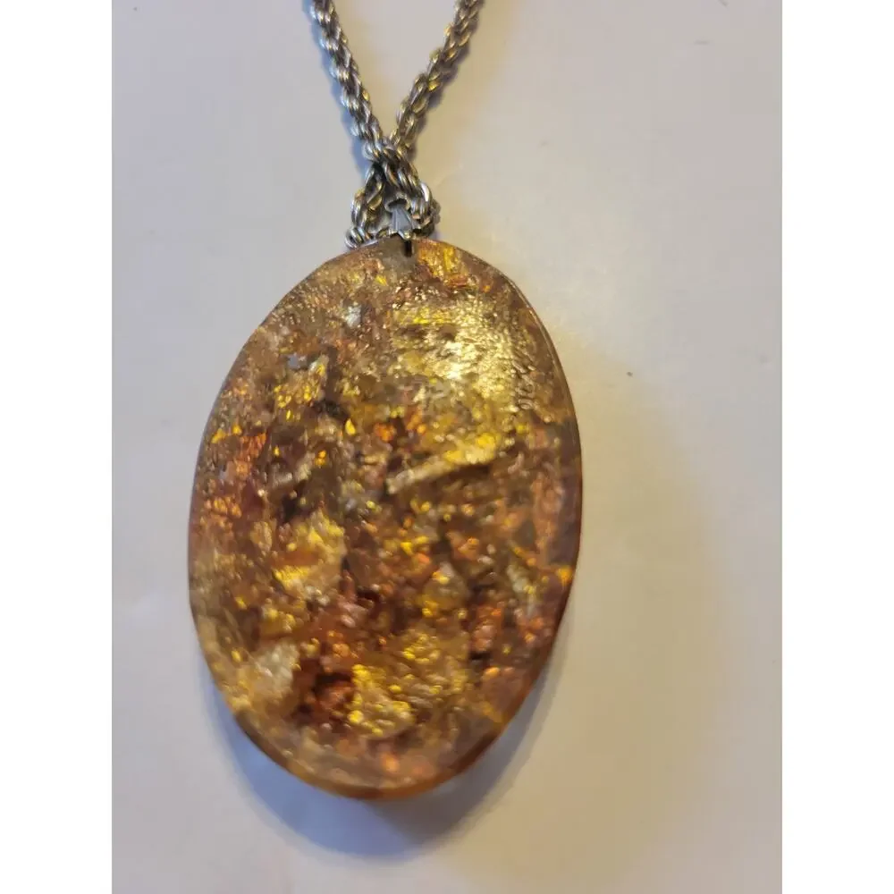 Vintage Estate‎ Necklace Orange Gold flake Cabochon Oval Resin Pendant Jewelry